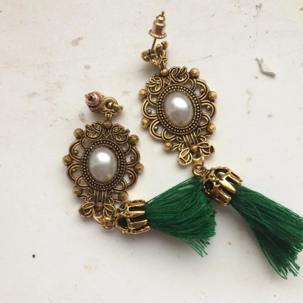 Emerald Tassel Antique Pearl Drop Earrings